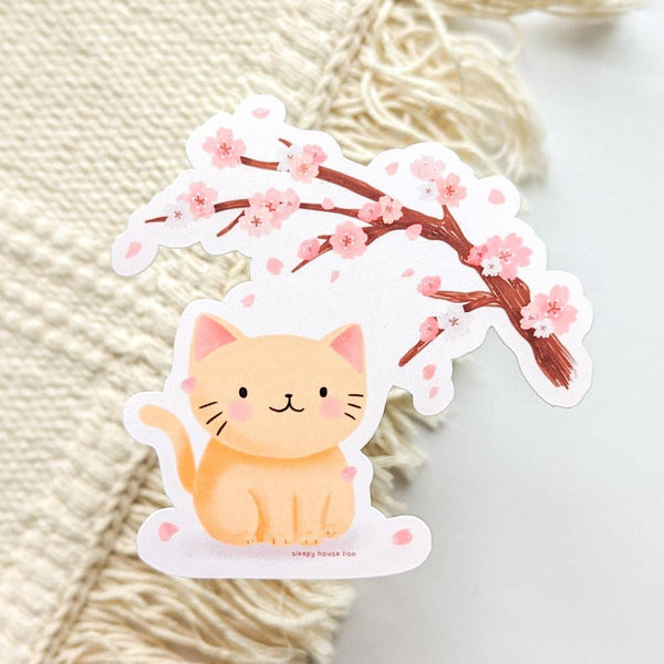Cherry Blossom Tree Orange Cat Vinyl Sticker | Kitties & Cream