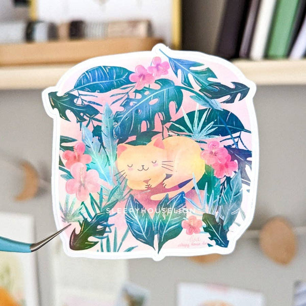 Tropical Jungle Sleeping Orange Cat Holographic Vinyl Sticker | Kitties ...