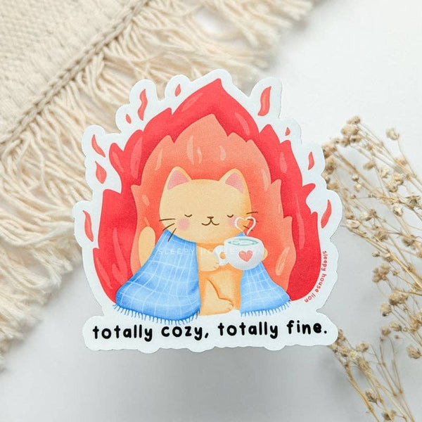Totally Cozy, Totally Fine Orange Cat in Flames Vinyl Sticker | Kitties ...