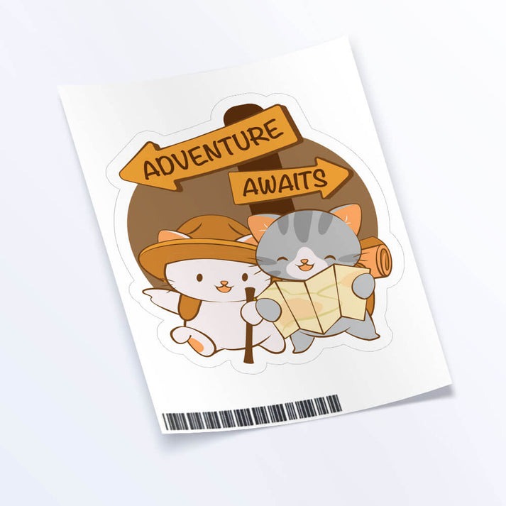 Adventure Awaits Hiking Grey Tabby Cat and White Cat Vinyl Sticker
