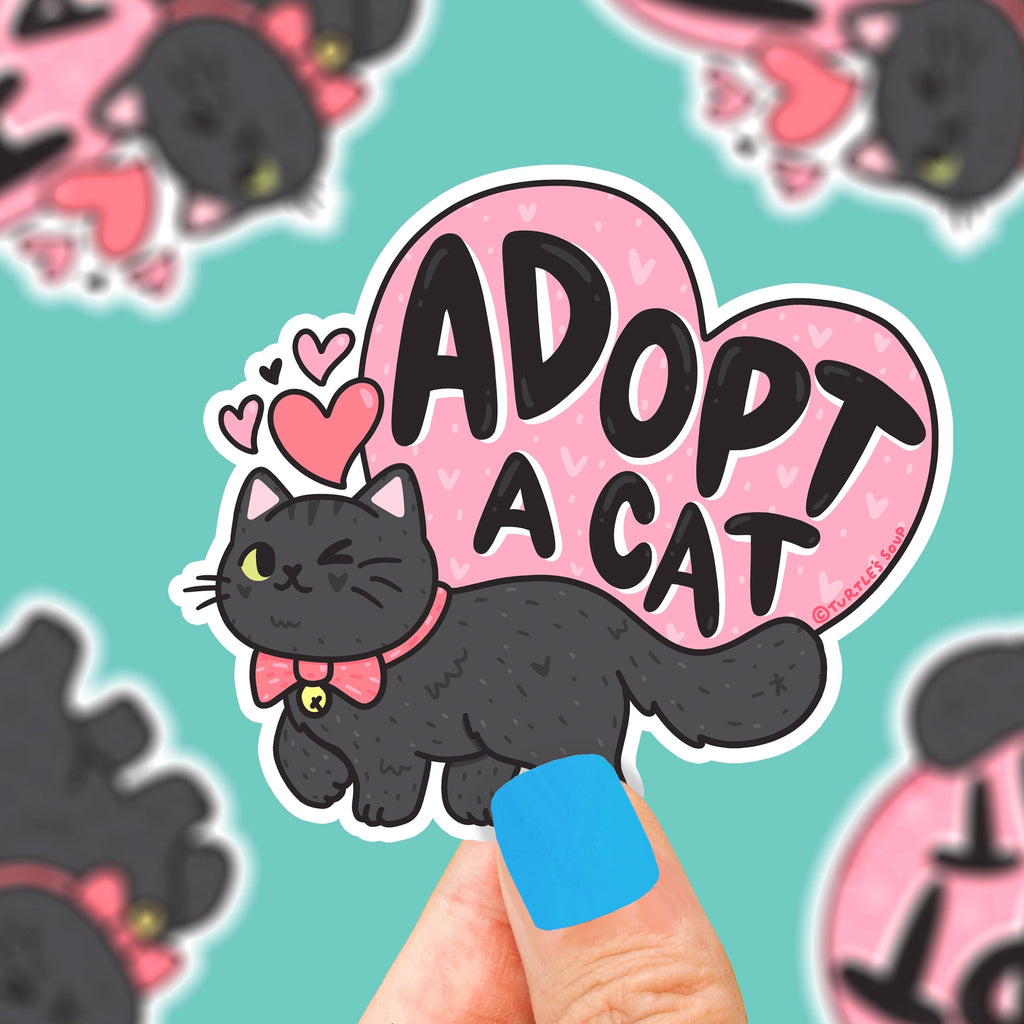 Adopt a Cat Black Cat and Hearts Vinyl Sticker