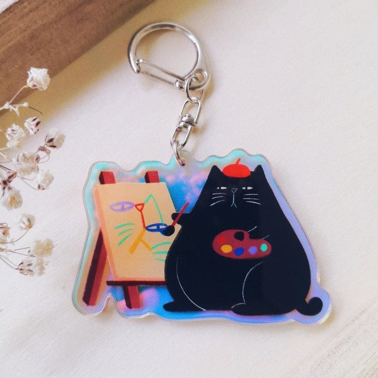 Art Painter Black Cat Acrylic Keychain