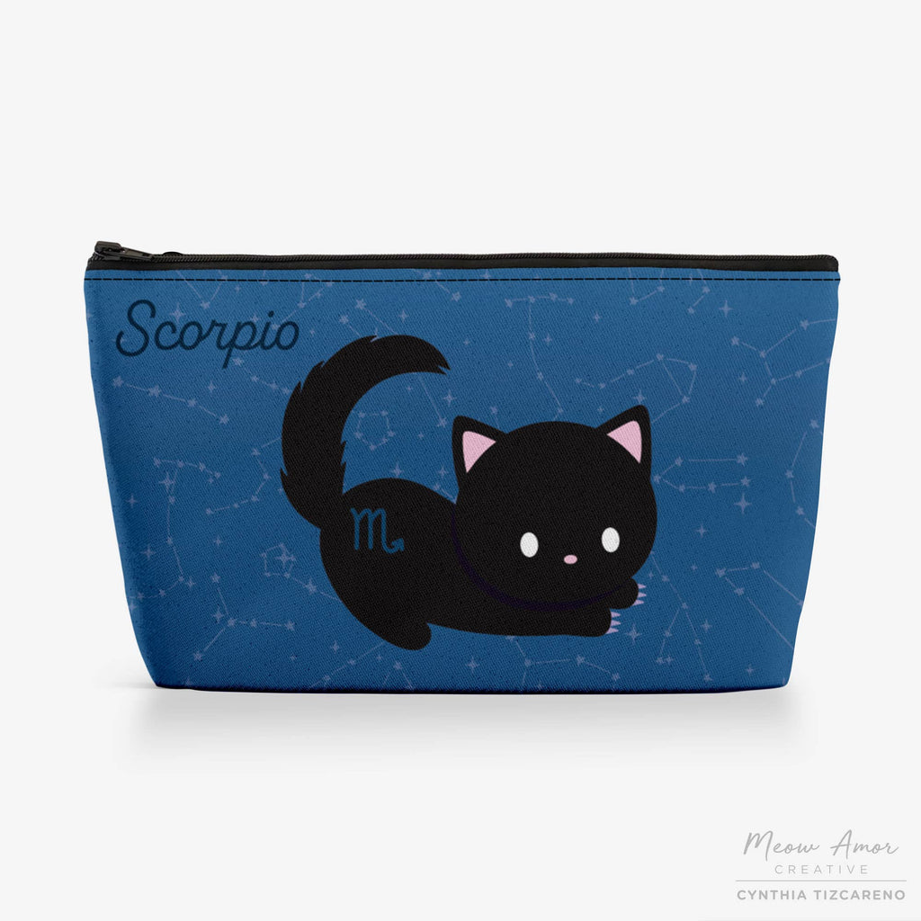 Blue pouch with a black cat illustration and 'Scorpio' text on a starry background