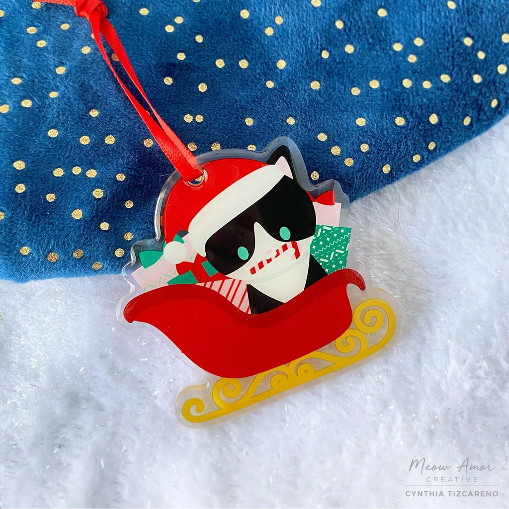 Santa Claws Tuxedo Cat acrylic ornament