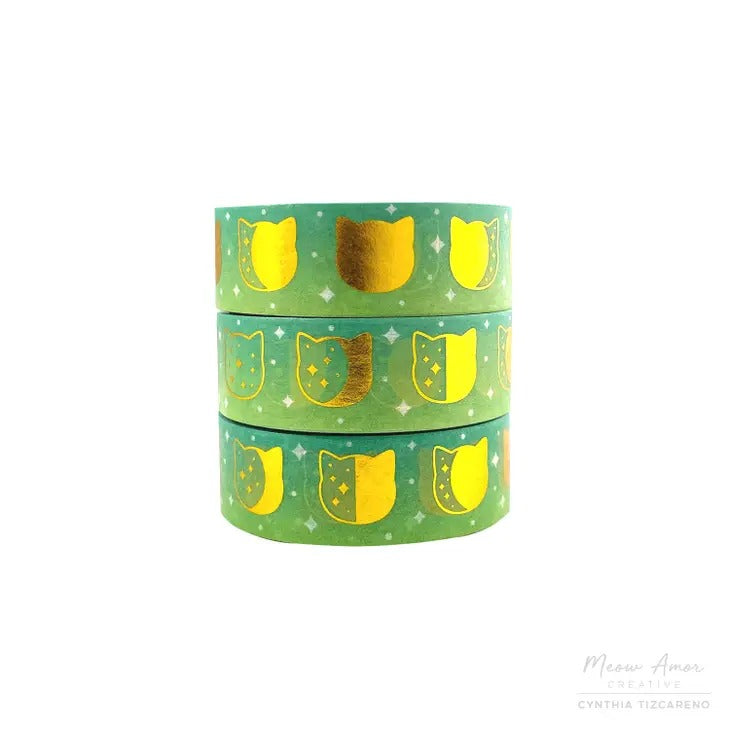 Green Ombre Moon Phase Cats Foil Washi Tape