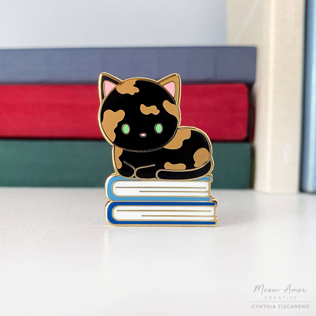 Book Pile Tortie Cat Hard Enamel Pin