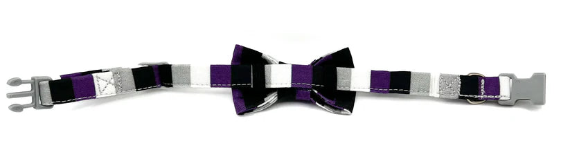 Cat collar with a striped bow tie on a white background