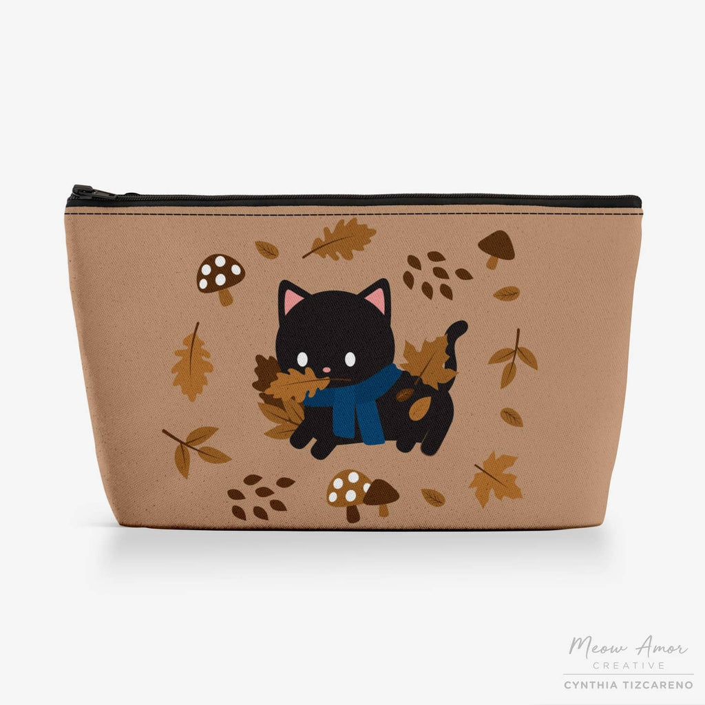 Autumn Leaves Black Cat canvas zipper bag