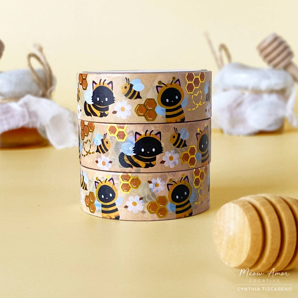 Bee Honeycomb Black Cats Holographic Gold Foil Washi Tape 10m x 15mm