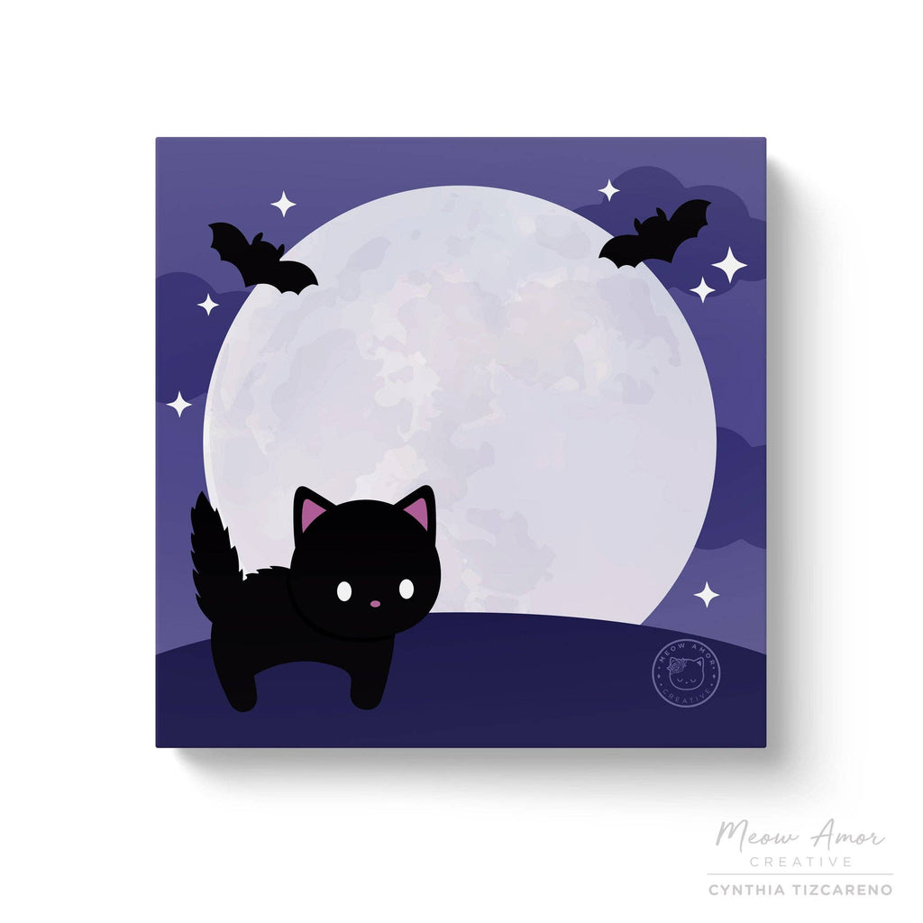 Illustration of a black cat with pink ears sitting under a full moon with bats and stars on a purple background.