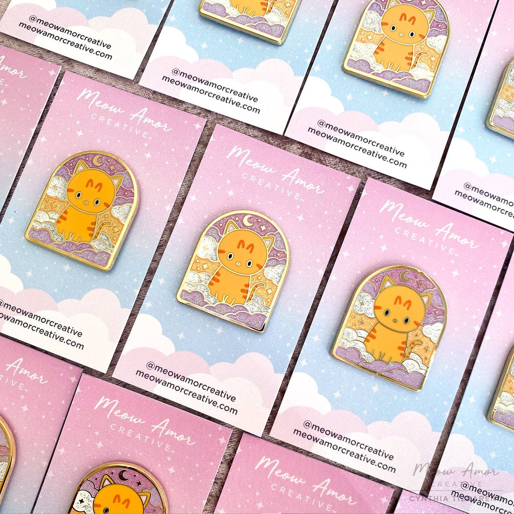 Cloudy Sunrise Sunset Moon Sky Orange Tabby Cat Glitter Hard Enamel Pin