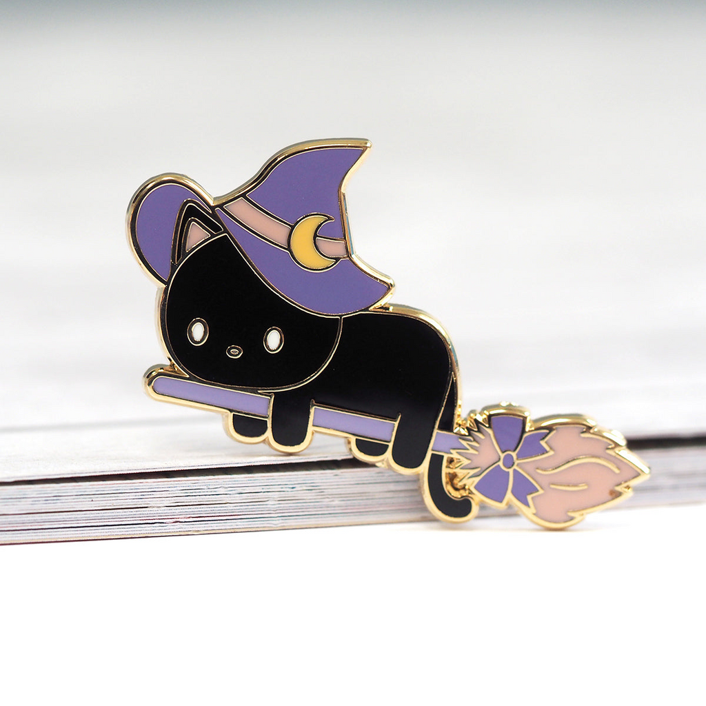 Witch Cat on a Broom enamel pin