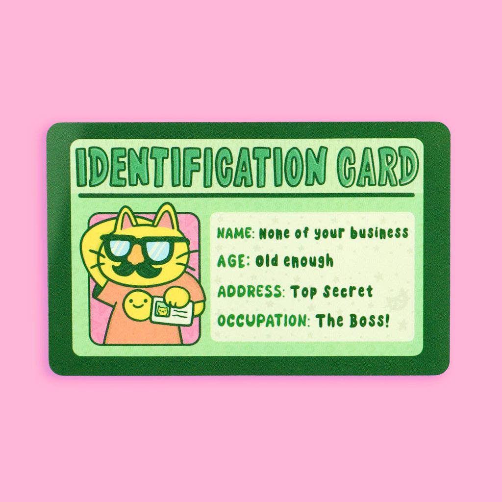 Cartoon cat holding a card with 'Identification Card' text on a pink background