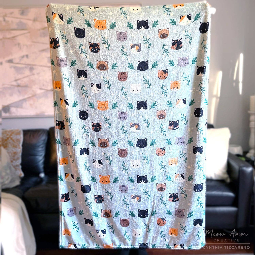 Cat Heads and Foliage Leaves Fleece Blanket 59in x 39in