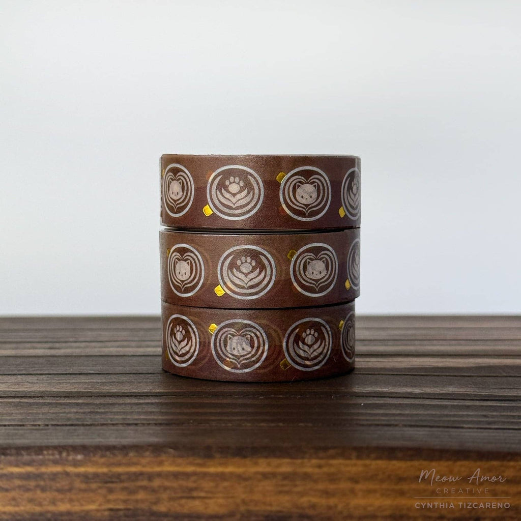 Coffee Dark Roast Latte Cats Holographic Gold Foil Washi Tape 10m x 15mm