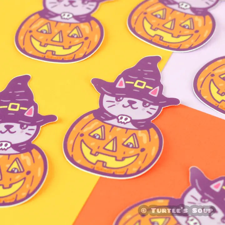 Witch Cat in Carved Jack-O-Lantern Pumpkin Vinyl Sticker