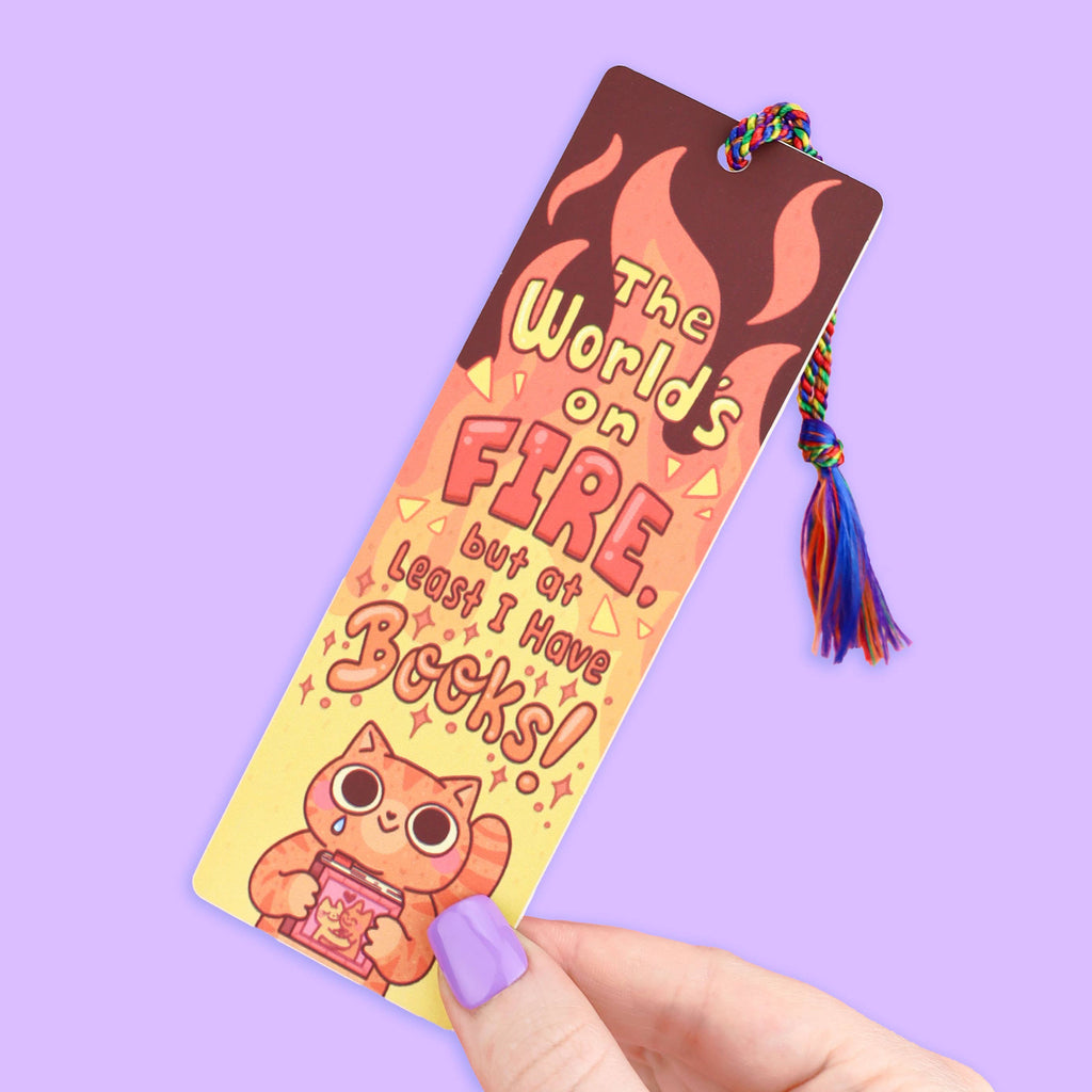 Bookmark with flame design and text on a purple background