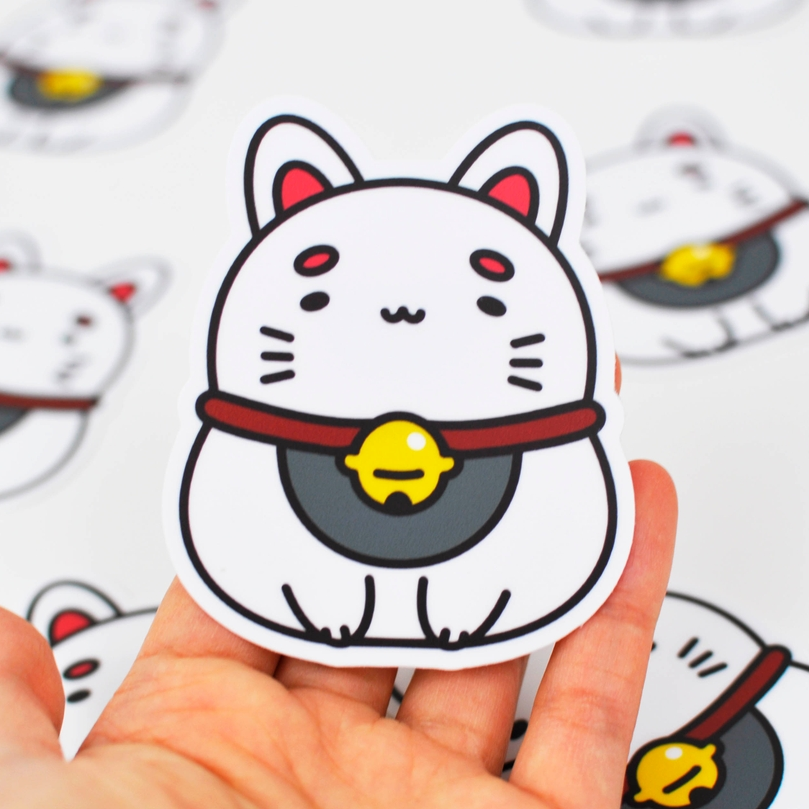 Good Fortune White Cat Vinyl Sticker