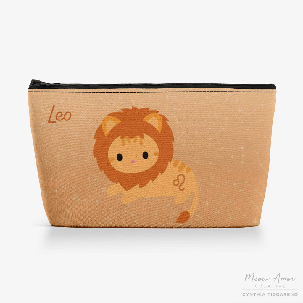 Pouch with a cartoon cat design and 'Leo' text on a beige background