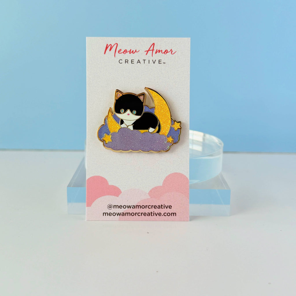 Cloudy Night Sky Tuxedo Cat on Moon Glitter Hard Enamel Pin