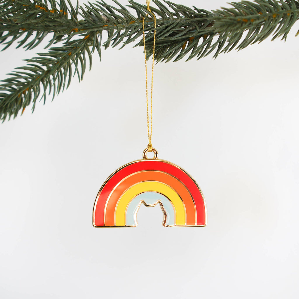 Decorative rainbow ornament hanging from a branch with a white background