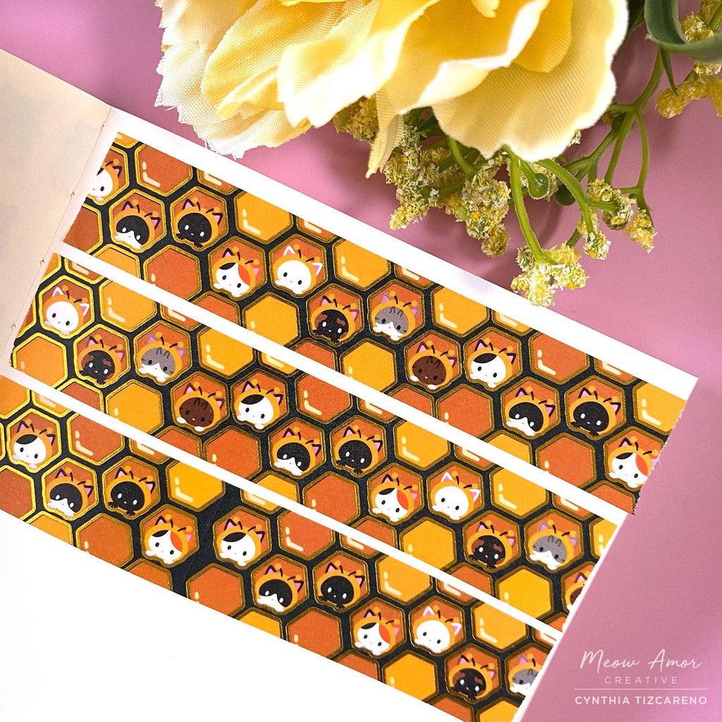 Bee Hive Honeycomb Cats Holographic Gold Foil Washi Tape 10m x 20mm