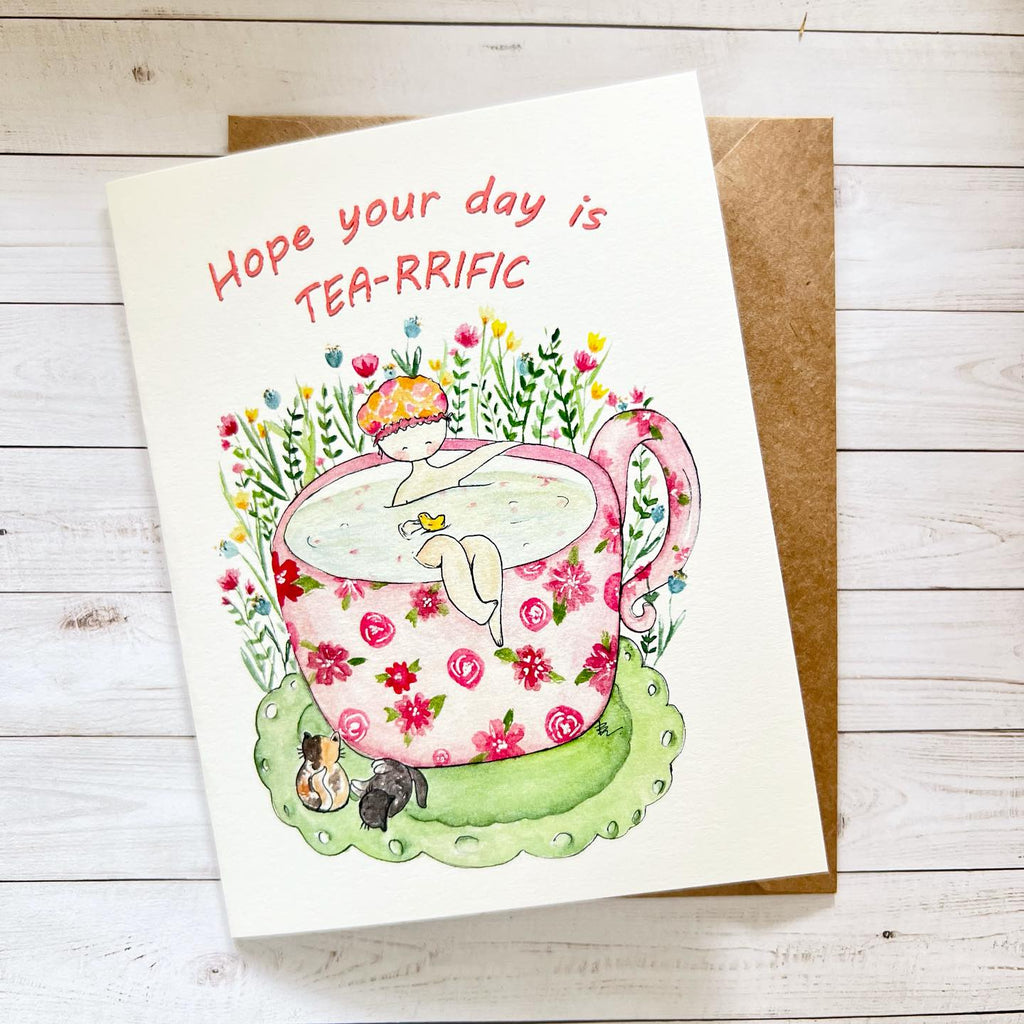 Tea-rrific Watercolour Cat Greeting Card
