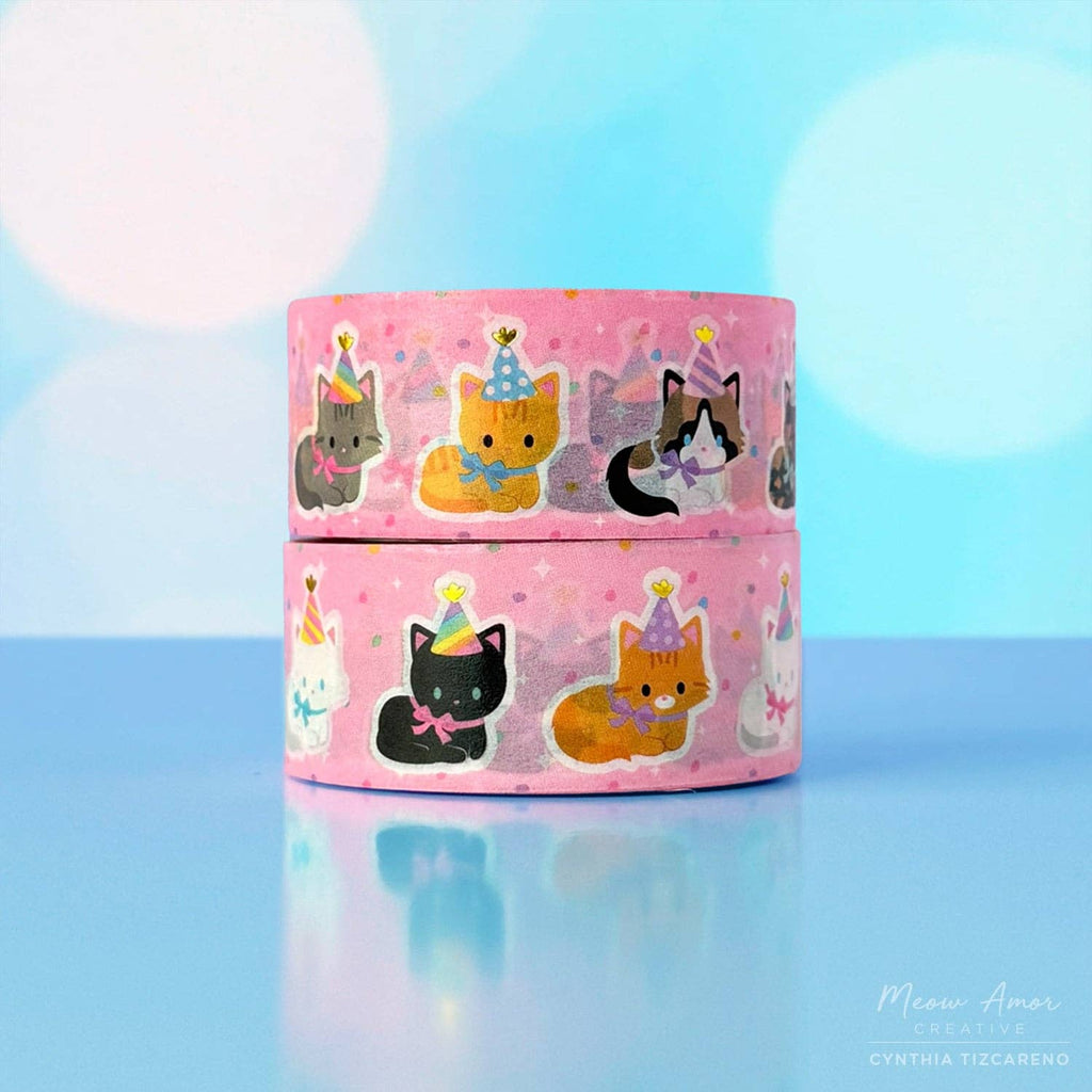 Party Hat Cats Holographic Gold Foil Washi Tape 10m x 20mm