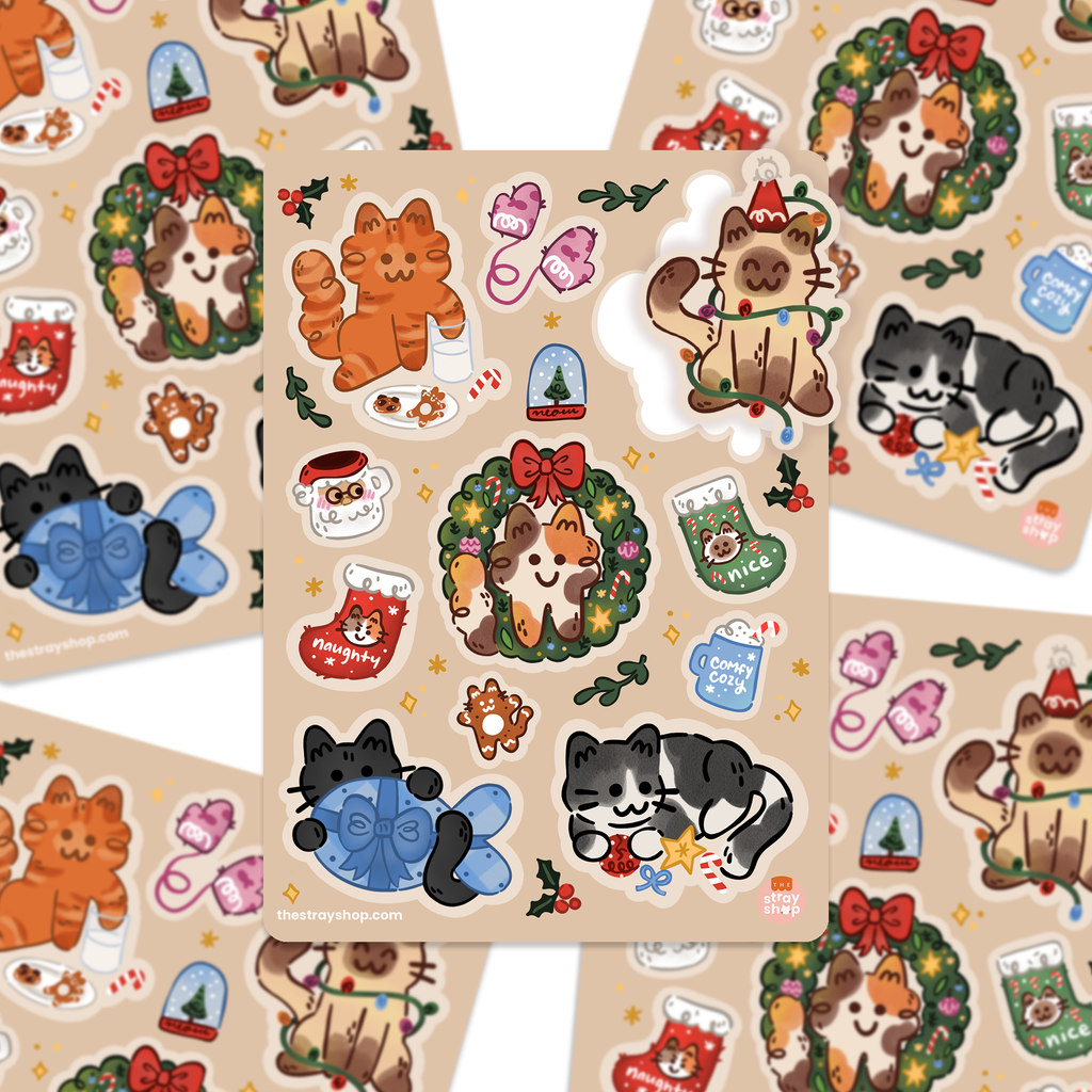 Holiday Wreath Christmas Cats Vinyl Sticker Sheet