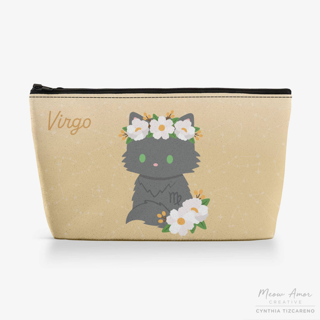 Cosmetic bag with a cat illustration and 'Virgo' text on a beige background