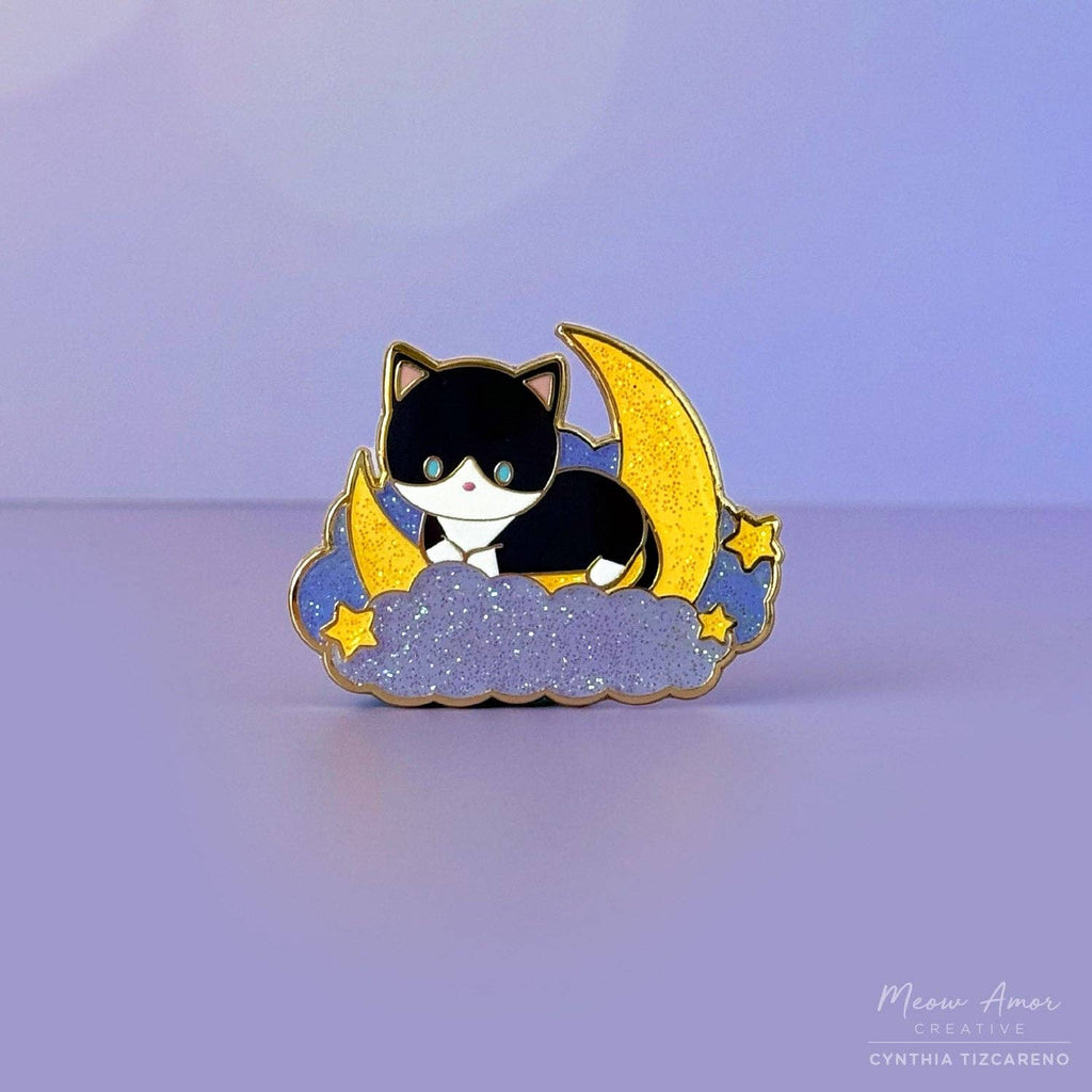 Cloudy Night Sky Tuxedo Cat on Moon Glitter Hard Enamel Pin