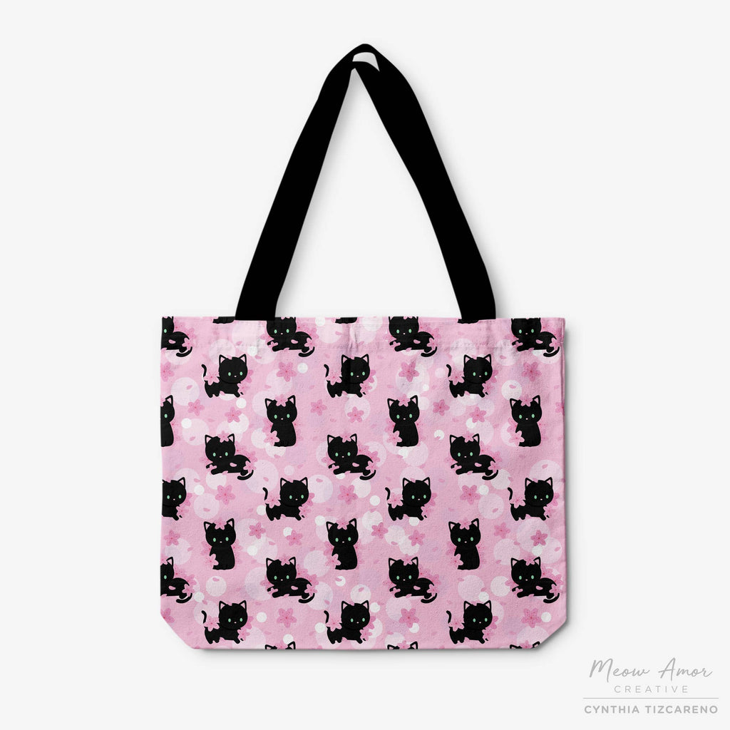 Tote bag with black cat pattern on pink background