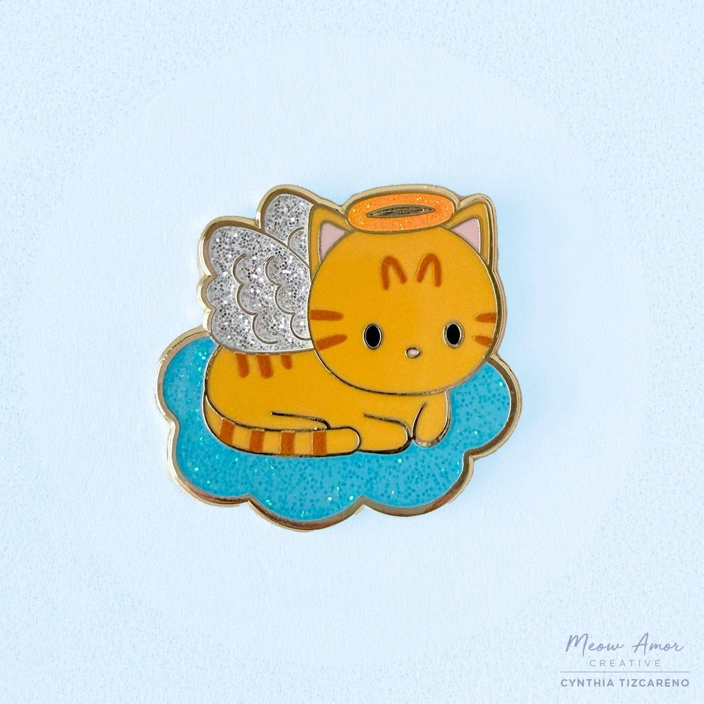 Angel Orange Tabby Cat on Cloud Glitter Hard Enamel Pin
