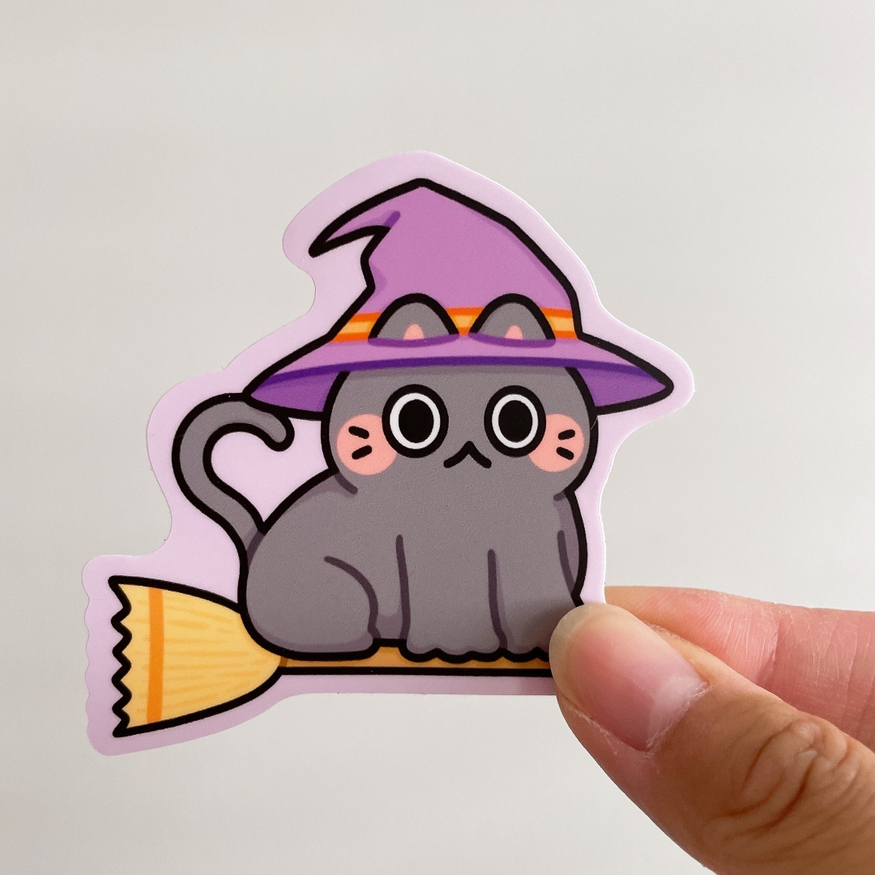 Witch Cat on Broom Vinyl Sticker