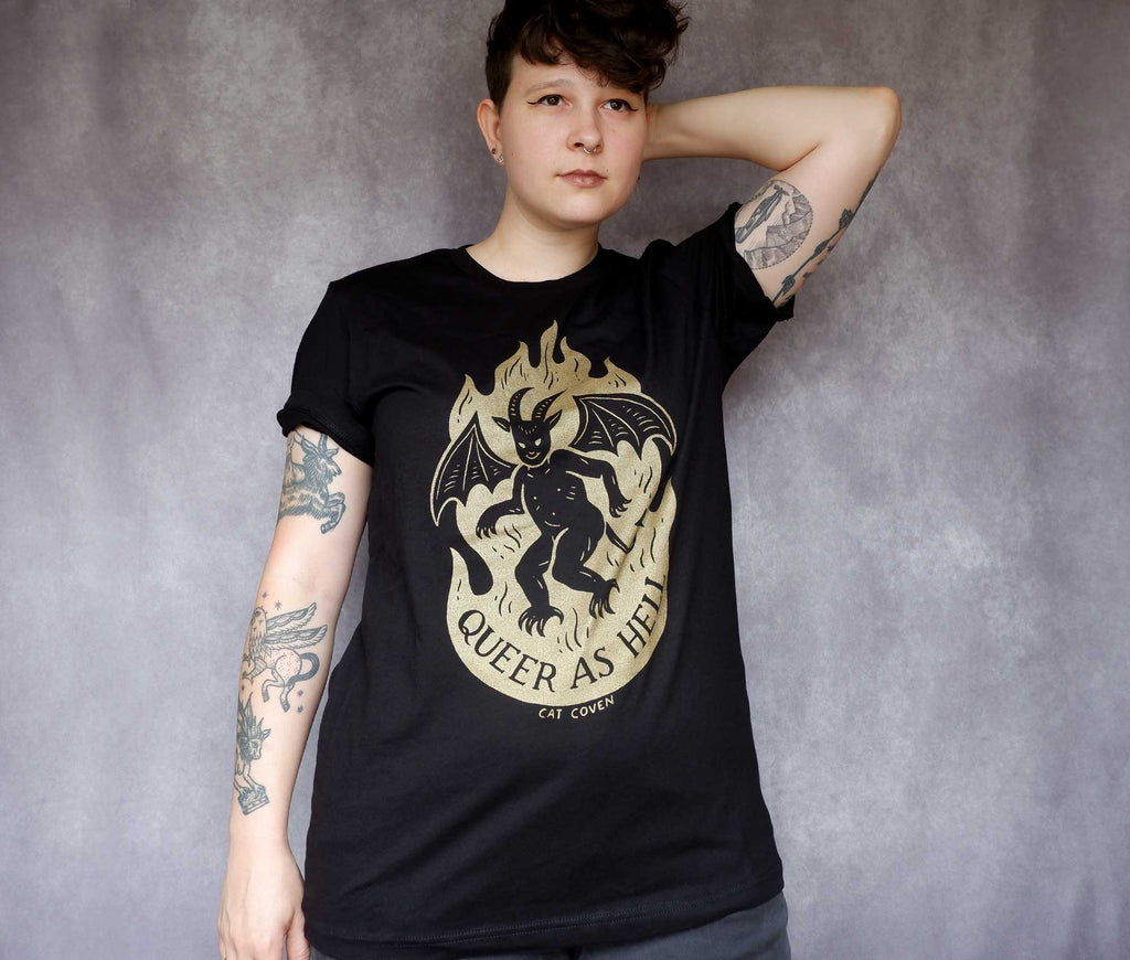 Queer as Hell Winged Fire Demon Devil Universal Screen Printed Bella + Canvas T-shirt