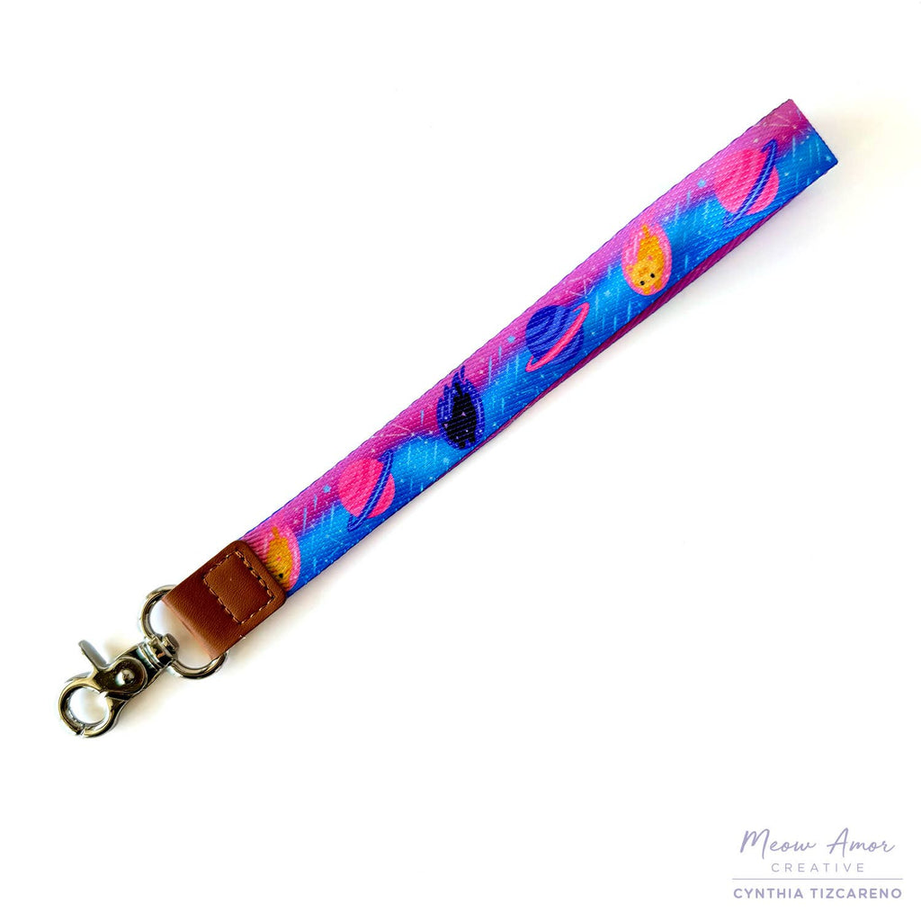 Multicolored lanyard with a leather strap on a white background