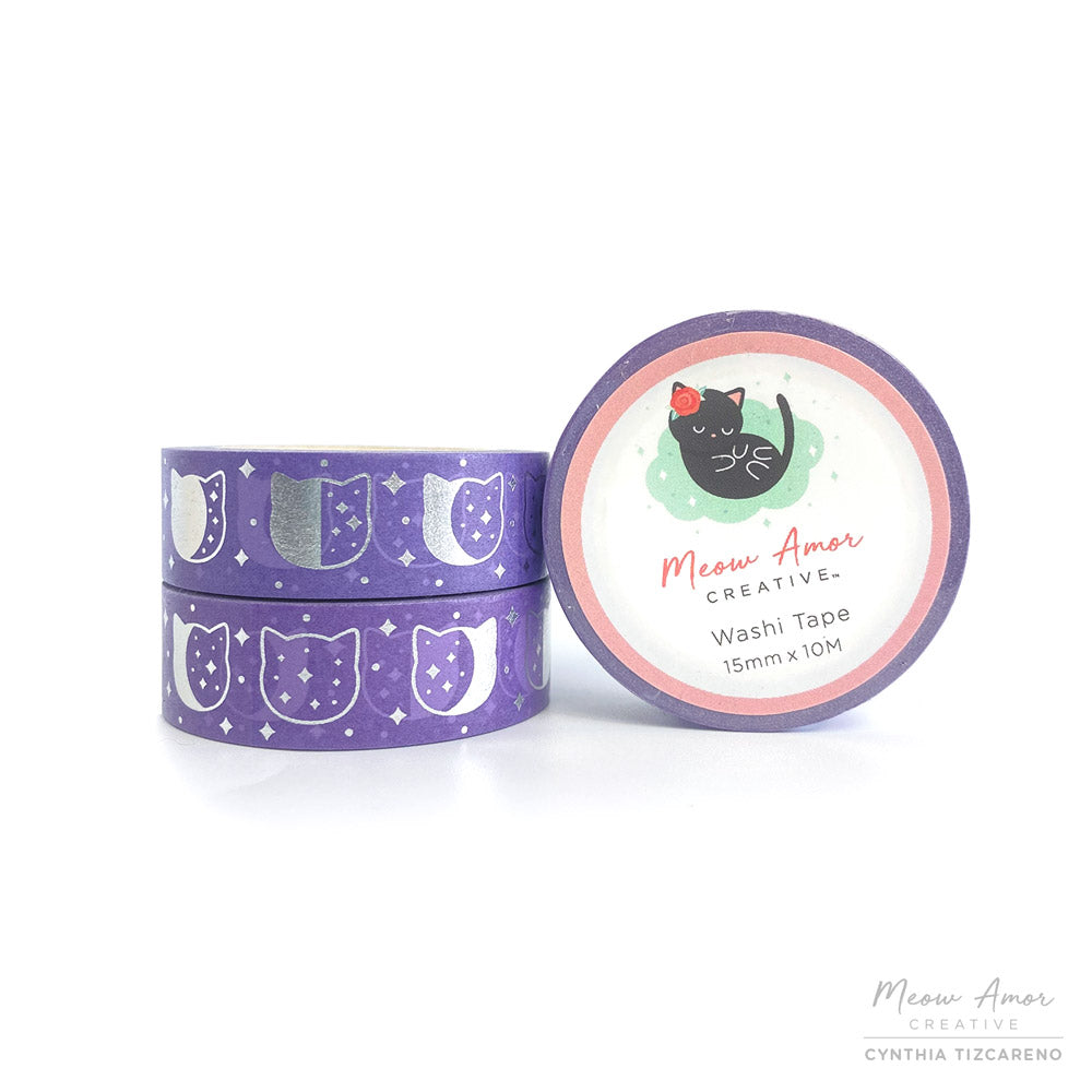 Purple Moon Phase Cats Foil Washi Tape