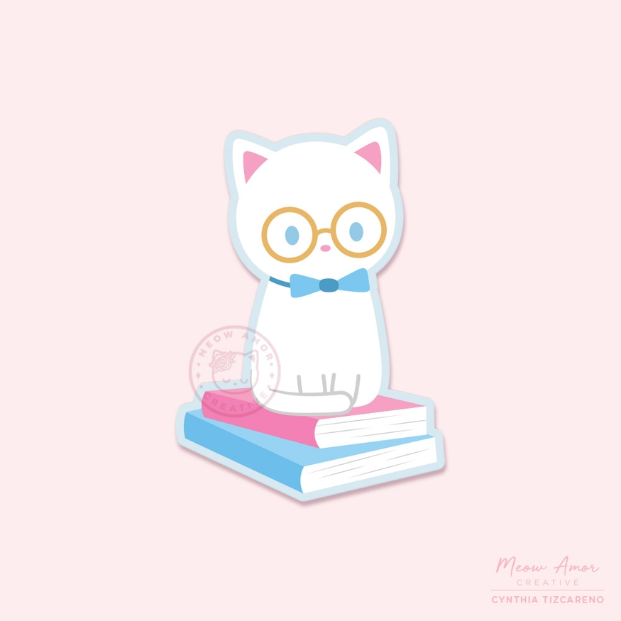 White Cat On Books sticker