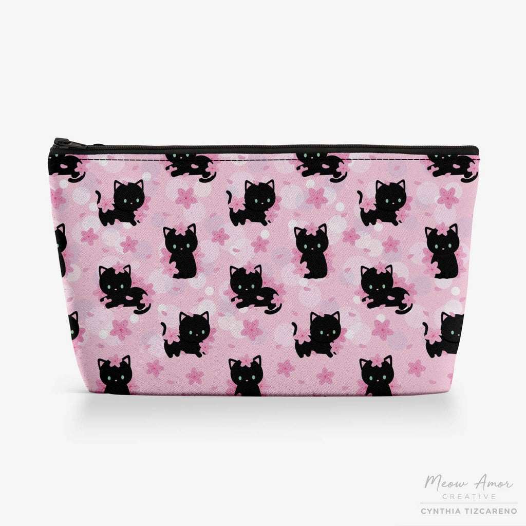 Cherry Blossom Black Cat canvas zipper bag