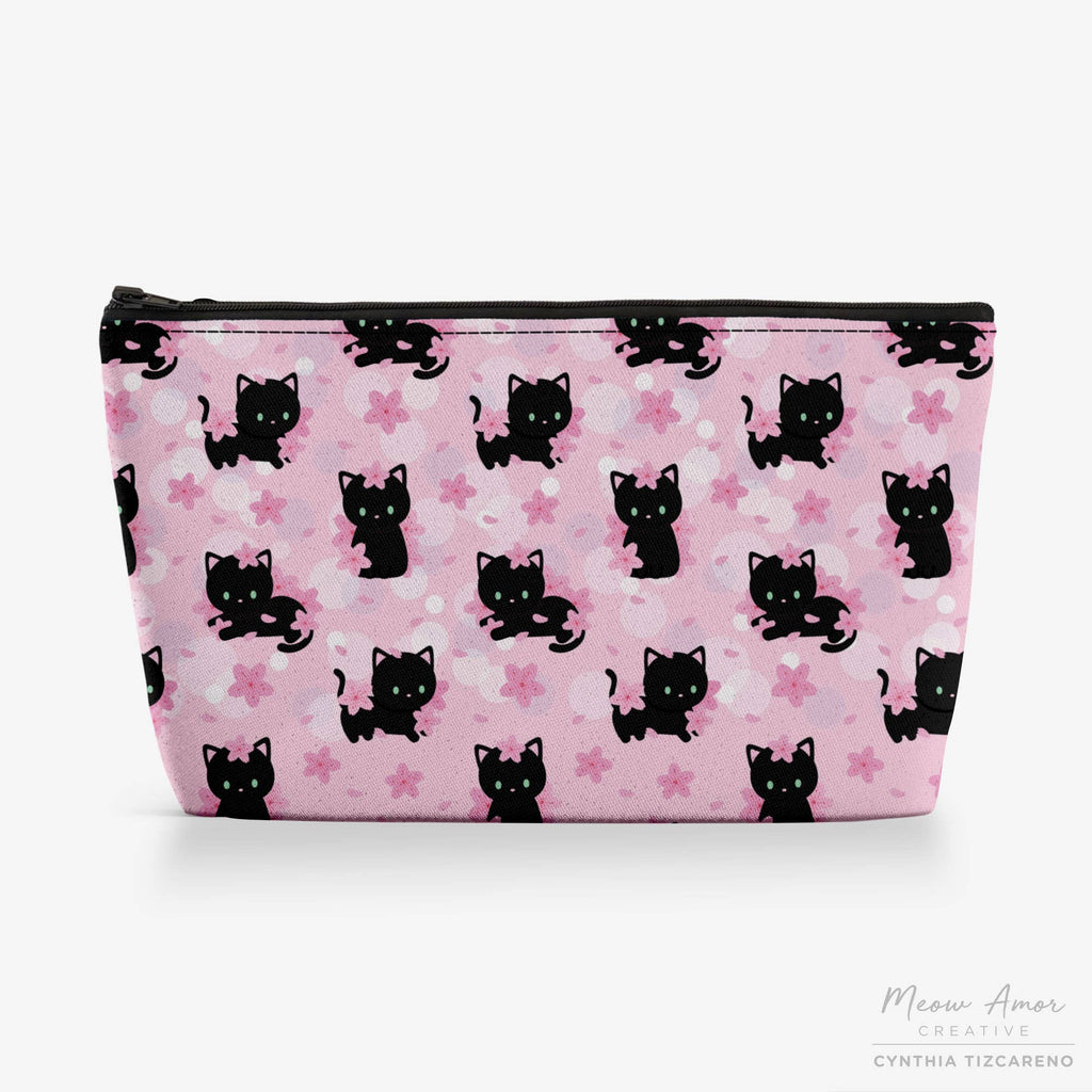 Cherry Blossom Black Cat Canvas Zipper Bag