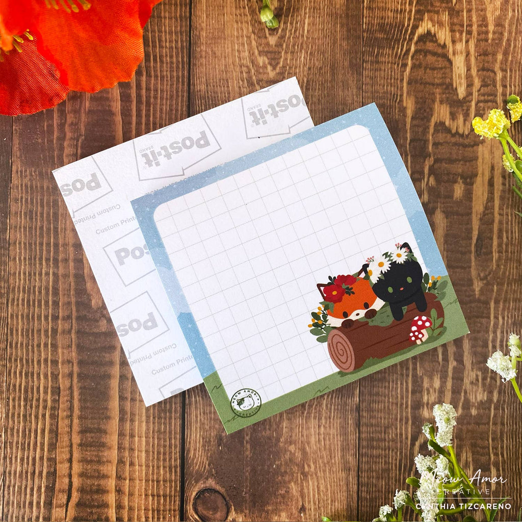 Forest Friends Black Cat and Fox Grid Post-it Sticky Notes