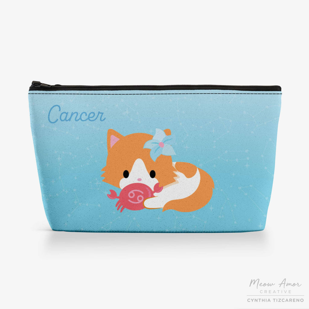 Pouch with a cat design and 'Cancer' text on a blue background