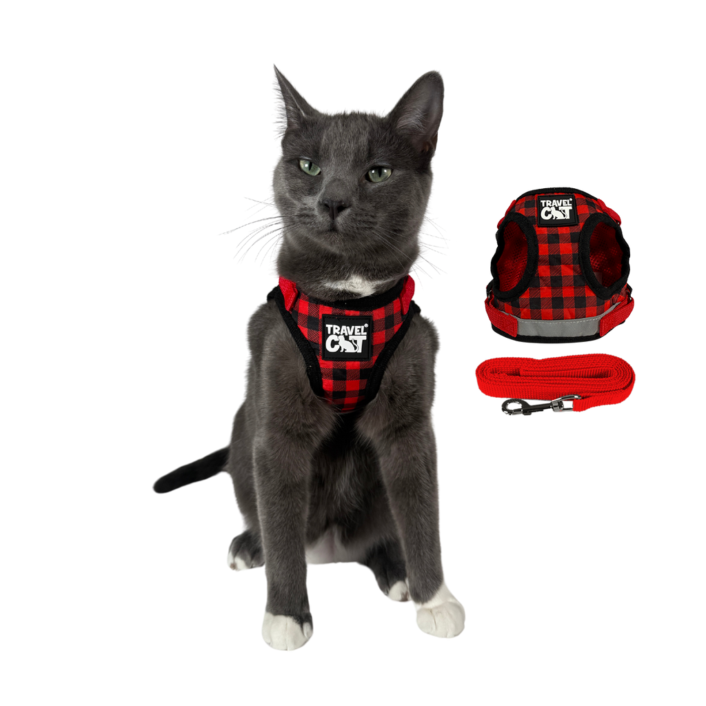 "The Pawsitively Plaid" Buffalo Red Plaid Cat Harness & Leash Set