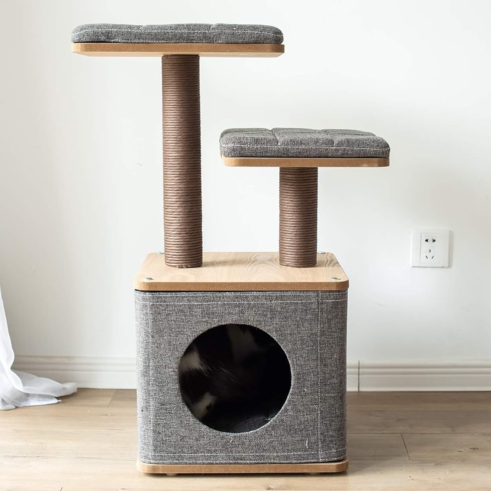 PetPals Greyscale 2 Level Cubic Cat Tree Kitties Cream
