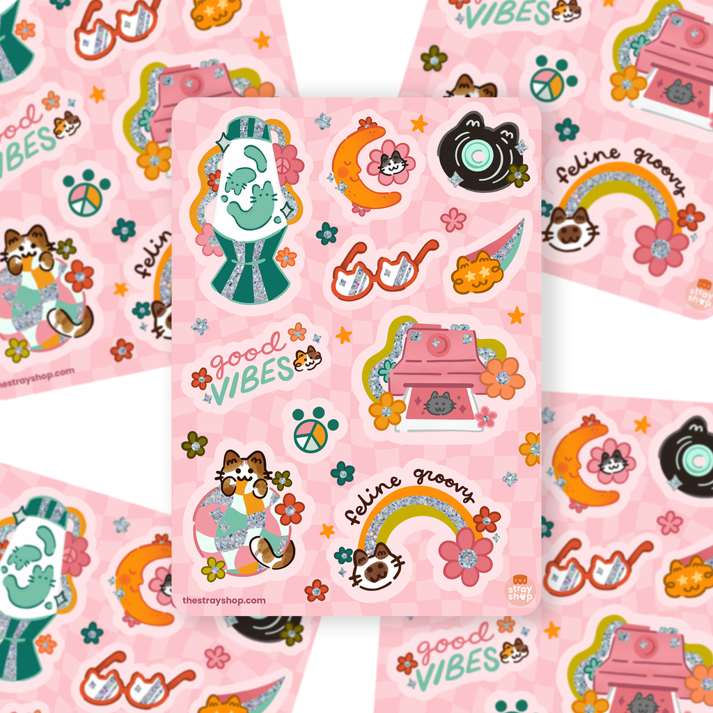 Disco Good Vibes Feline Groovy Vintage Cats Glitter Vinyl Sticker Sheet