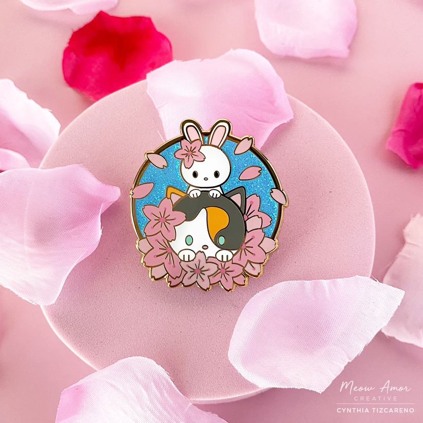 Cherry Blossom Cat and Bunny glitter enamel pin