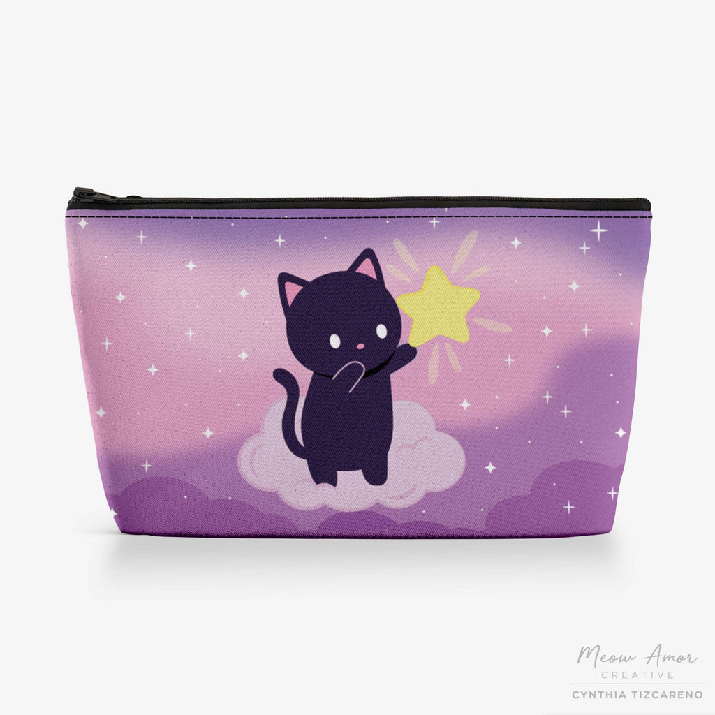 Pouch with a cat design holding a star on a purple background