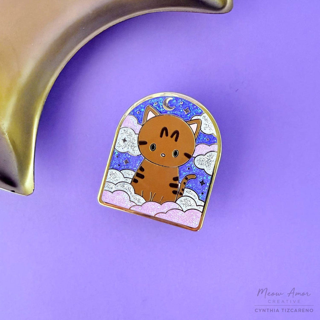 Cloudy Twilight Moon Sky Brown Tabby Cat Glitter Hard Enamel Pin