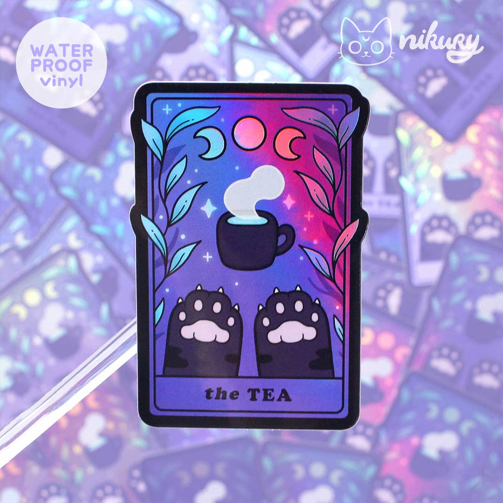 The Tea Black Cat Tarot Card Holographic Vinyl Sticker