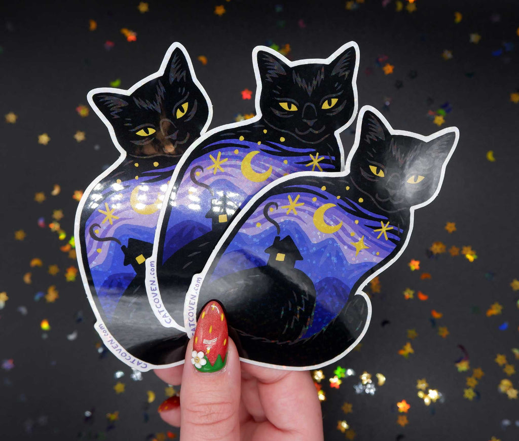 Twilight Night Sky Landscape Black Cat Glitter Vinyl Sticker